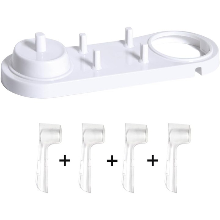 Set de 5 piese - suport pentru periuta de dinti electrica si capace pentru periute, multicolor