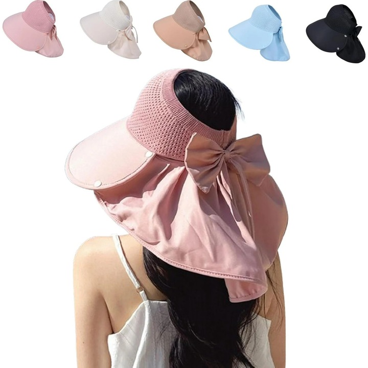 Palarie de soare cu bor larg, design deschis, cu fular detasabil, protectie UV, roz