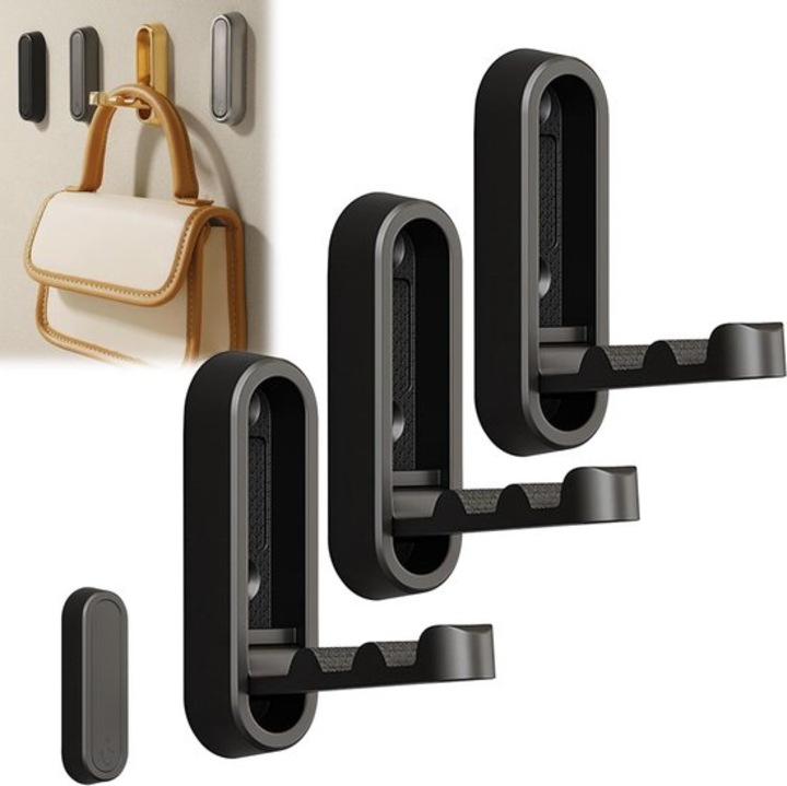 Set 3 cuiere metalice pliabile, finisaj mat negru, dimensiuni 10x5cm, capacitate maxima 5kg per cuiere