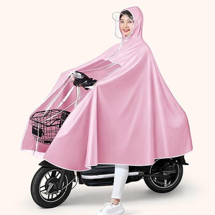 Pelerina de ploaie pentru bicicleta si e-scooter, roz, PVC impermeabil, reutilizabila, lunga, Universal