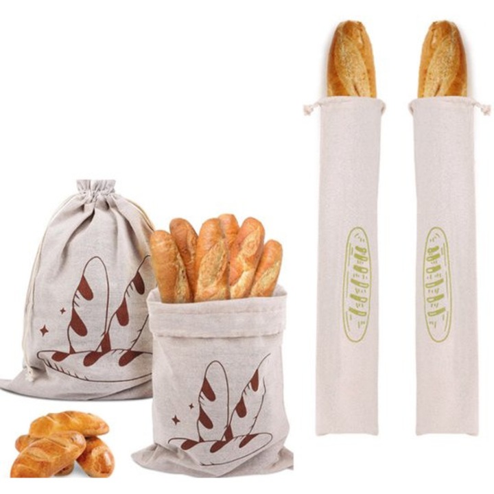 Set de 3 pungi reutilizabile pentru paine din in, imprimeu verde/cafea, dimensiuni 64x16cm si 40x30cm