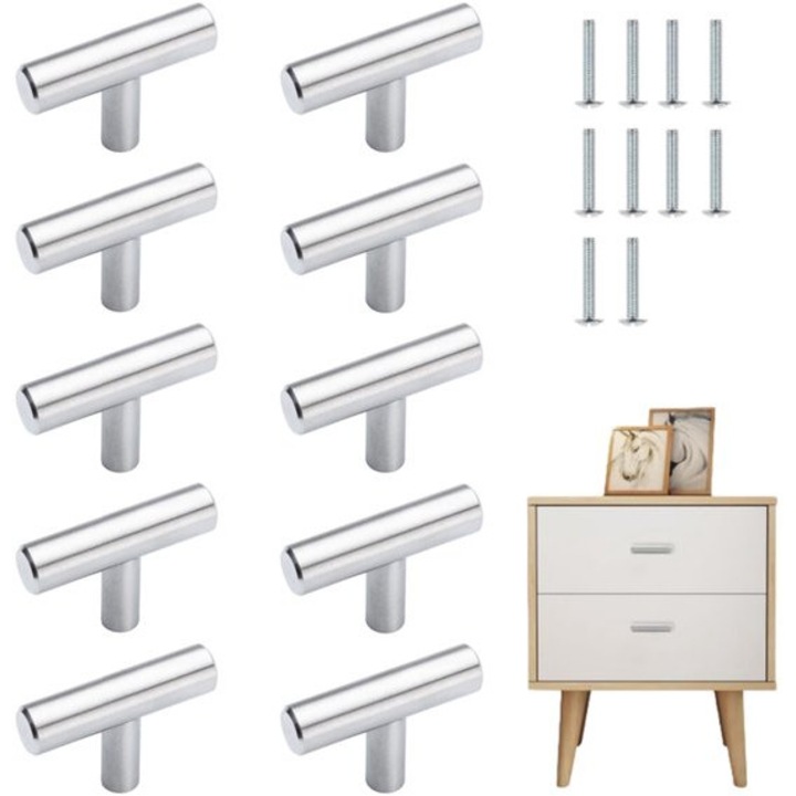 Manere T din otel inoxidabil, set de 10 bucati, 50x10x32mm, finisaj nichel periat, pentru usi de mobilier si sertare