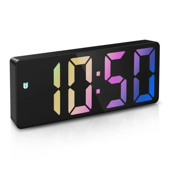 Ceas decorativ digital, alarma LED, 3 niveluri de luminozitate, mod zi, negru cu text colorat