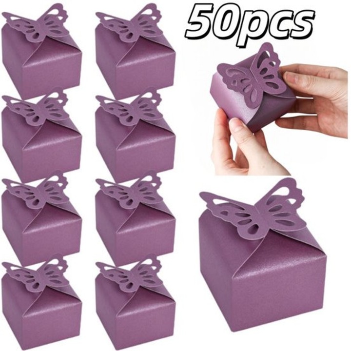 Set de 50 cutii cadou fluture, violet, 6x6x5.5cm, ambalaje pentru petreceri, nunti, aniversari