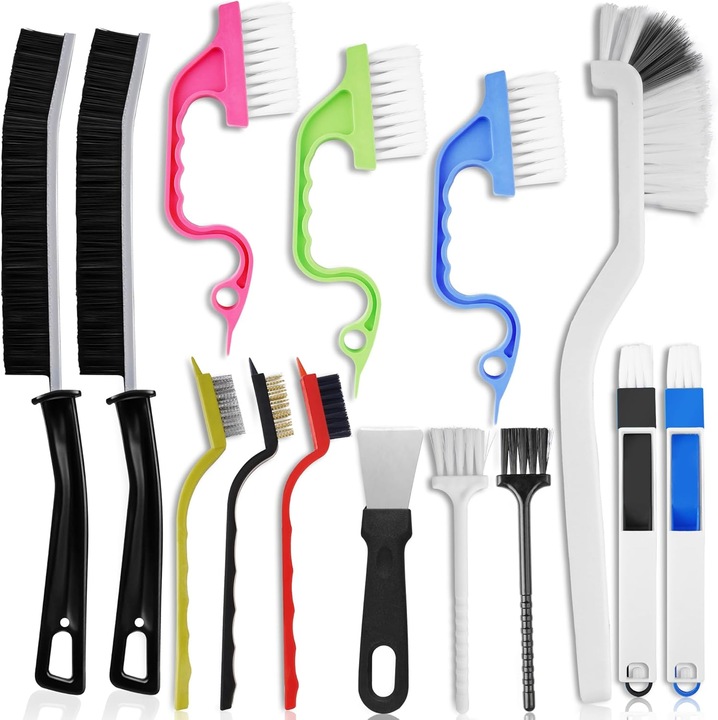 Set de 14 perii pentru curatarea crapaturilor, perii rigide, multifunctionale, pentru curatarea bailor, feronerie, bucatarii, multicolor