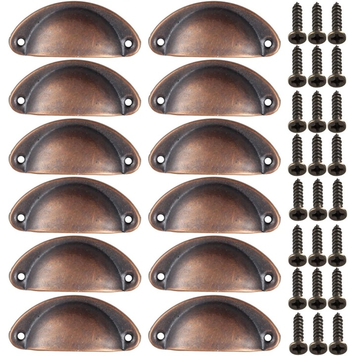 Set de 12 manere pentru dulap, metalice, 8.2x3.4x1.7cm, pentru usi de mobilier, cu suruburi