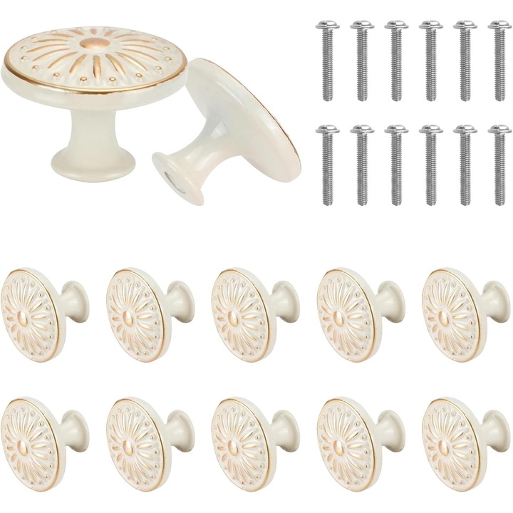 Set 12 butoane vintage pentru dulap, model floral, bronz vintage, 3.5x2.5cm