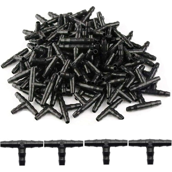 100 db T 1/4 hüvelykes csatlakozó készlet öntözéshez, műanyag, tartós, 4mmx7mm