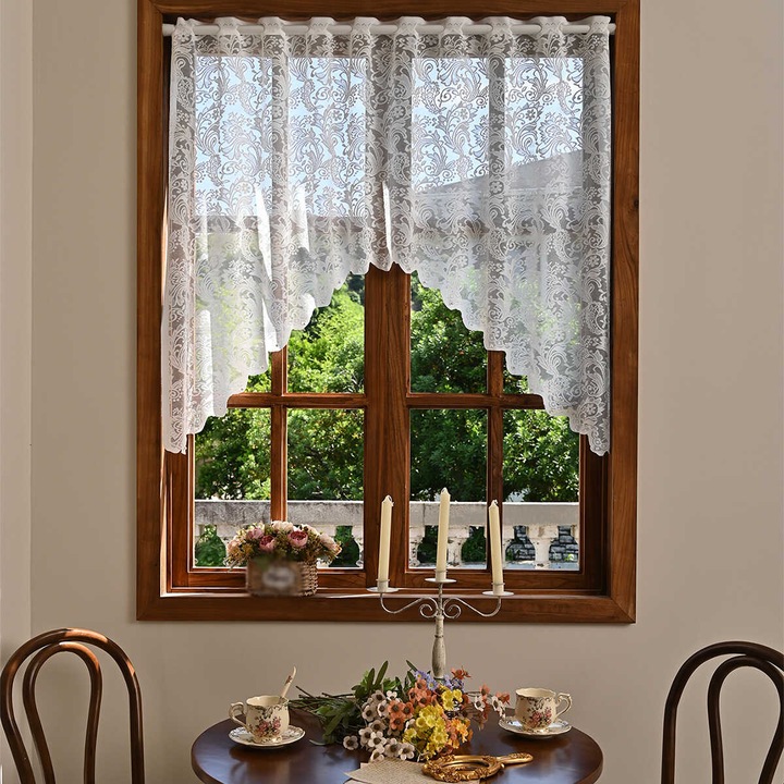 Perdele dantela alba semi-opaca, 160x100cm, set pentru bucatarie, living si birou