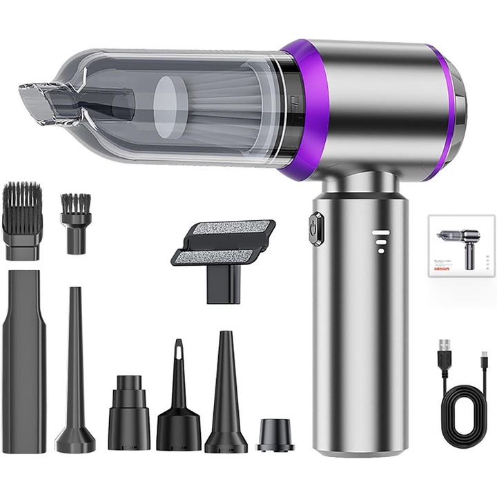 Aspirator portabil fara fir, 19000Pa, 3 viteze, sistem de filtrare triplu, violet
