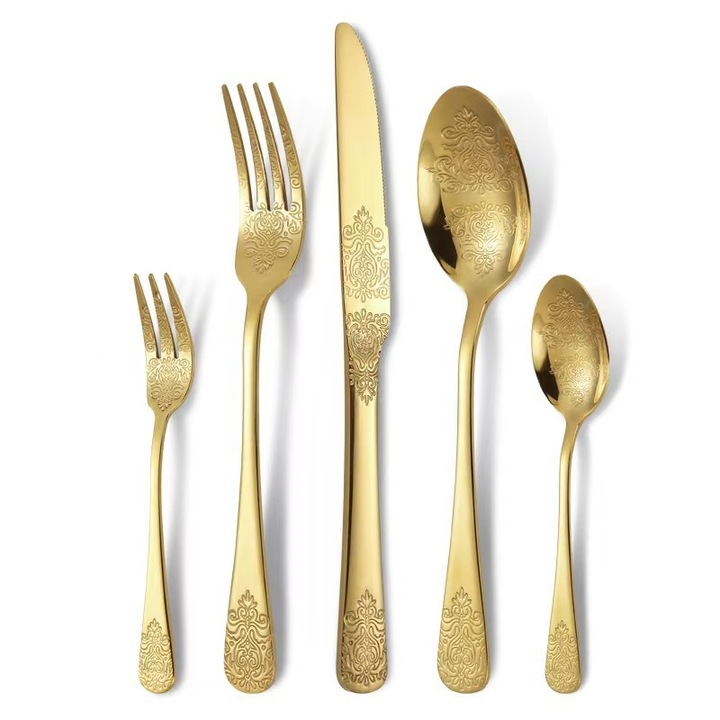 Set de tacamuri din otel inoxidabil, 20 piese, design floral, pentru 4 persoane, aurie.