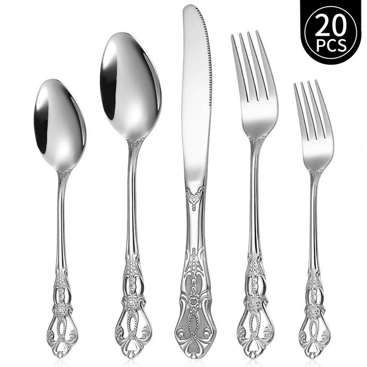 Set de tacamuri 20 piese, stil vintage, inox, pentru 4 persoane, include furculite, linguri si cutite, usor de curatat
