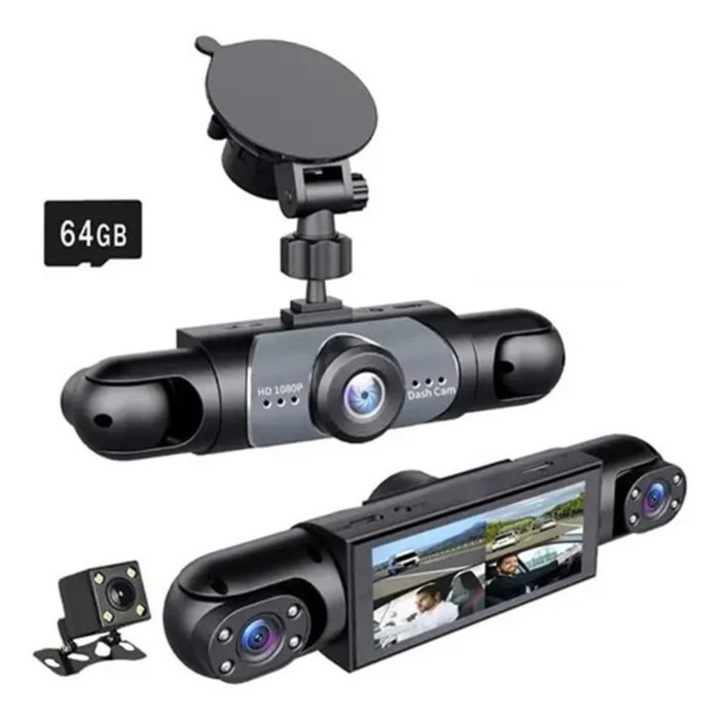 Camera auto DVR 4 lentile, 360, inregistrare 1080p, noapte, set 64GB