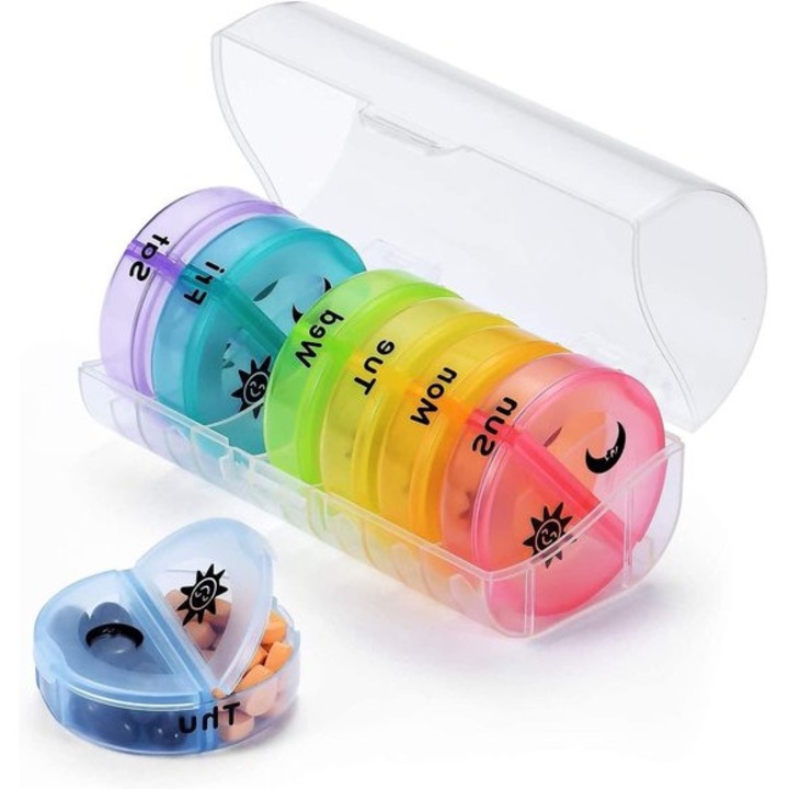 Organizator zilnic de pastile, 7 cutii pentru fiecare zi, transparent, dimensiune convenabila pentru calatorii