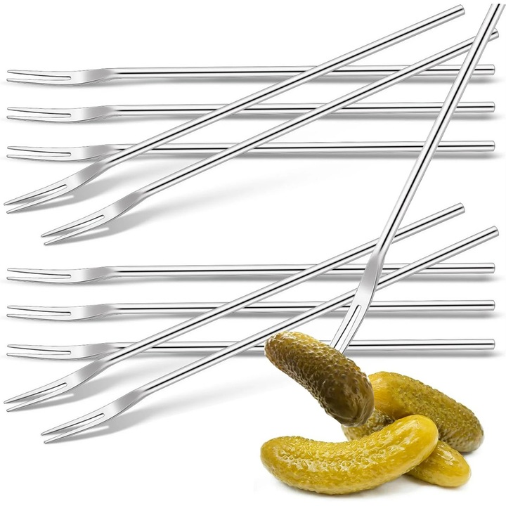 Set 10 furculite din otel inoxidabil, cu maner lung, pentru masline, cocktailuri, deserturi, argintii, 22x0.7cm