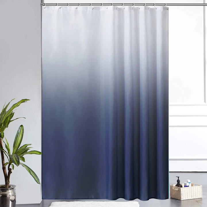 Cortina de dus digitala cu gradient, poliester albastru inchis, 90x180cm, set cu 6 inele metalice rezistente la rugina