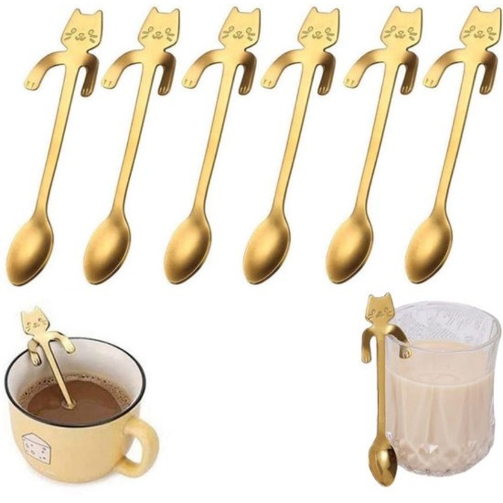 Set 6 linguri de desert cu forme de pisica, inox, aurii, 11.7x1.8cm