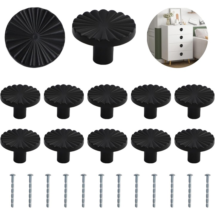 Set de 12 manere rotunde pentru sertare, zinc, negru, 3x2 cm