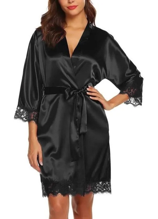 Halat de baie, negru, satin de matase, decolteu in V, maneci trei sferturi, cu dantela, M INTL