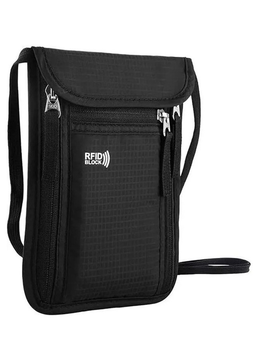 Válltáska dokumentumokhoz, nagy kapacitású, RFID védelemmel, fekete, 19x15x1cm