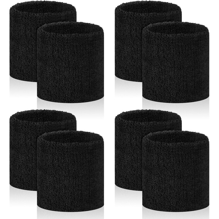 Set 8 bratari sport unisex, absorbante, elastice, negre, 8x8cm