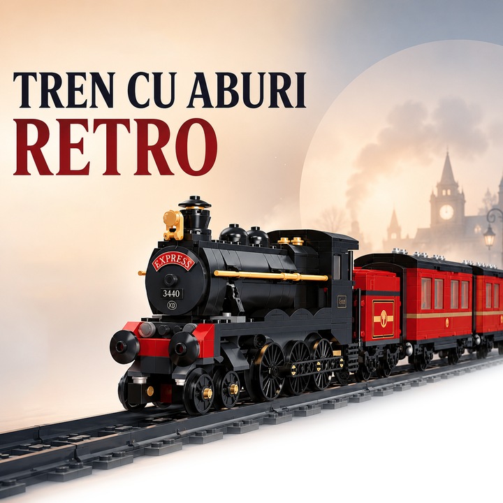 Set de constructie ‌tren cu abur retro, Excitat®, 789Piese, cu sine de tren, compatibil cu LEGO, rosu