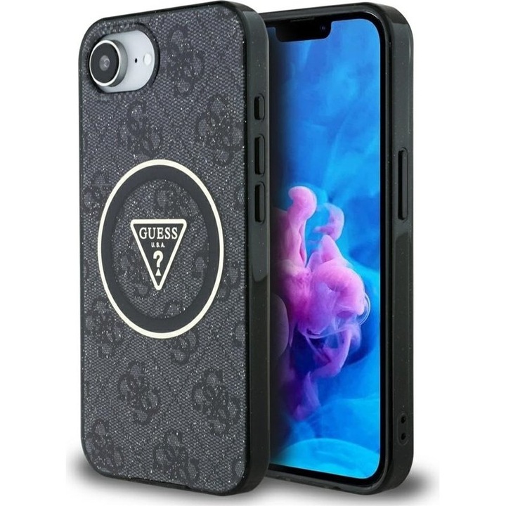 Husa telefon Guess IML Metal Glitter 4G Circle Triangle, neagra, compatibila cu MagSafe, protectie impotriva zgarieturilor