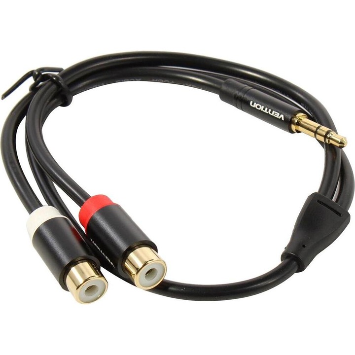 Cablu audio 3.5mm masculin la 2 RCA feminin, Vention, 0.3m, negru, metalic