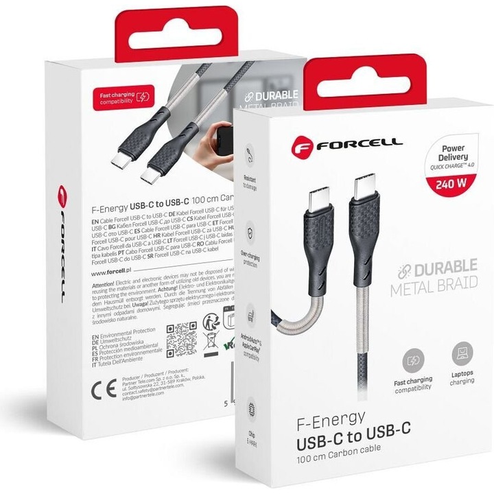 Cablu USB-C la USB-C Forcell F-Energy 240W, 5A, 1m, incarcare rapida QC 4.0, design metalic
