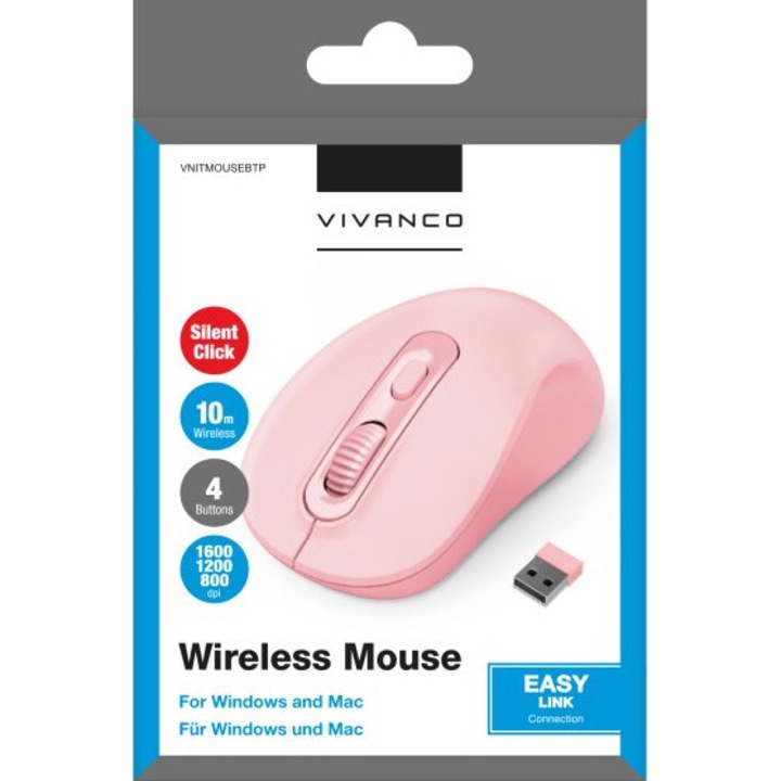 Mouse wireless Vivanco ergonomic, roz, 2.4 GHz, 10m raza operare