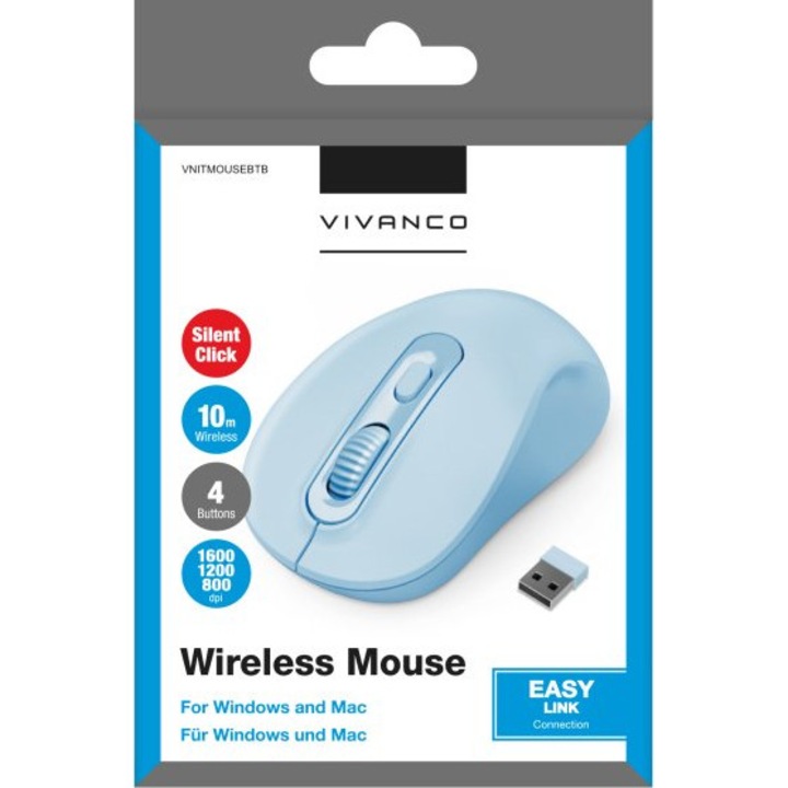 Mouse wireless Vivanco ergonomic, albastru, 2.4 GHz, compact