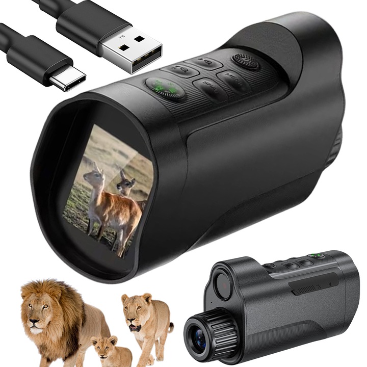 Бинокъл Juksun, 10x увеличение, видимост 800м, 2.8 инча IPS екран, 5W IR LED, черен
