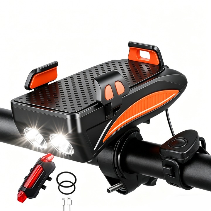 Lumina bicicleta, Far bicicleta cu suport telefon, stop luminos spate, 4000 mAh, 130dB claxon, 3 moduri de Iluminare, rezistent la apa, incarcare USB, Accesorii Bicicleta, portocaliu