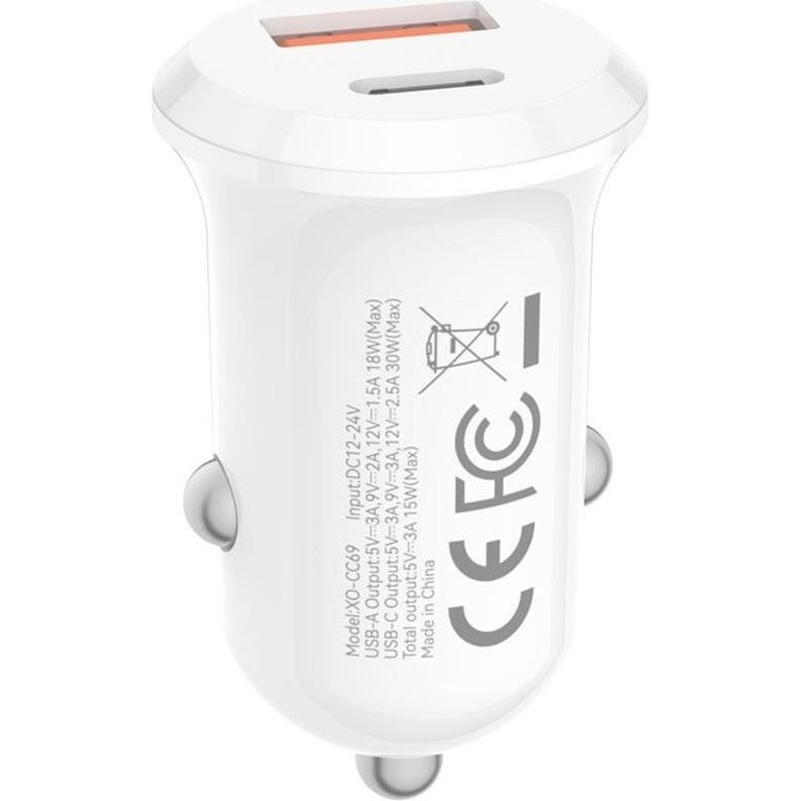 XO Mini Smart telefontöltő, 30W, 1 PD port, 1 USB port, fehér