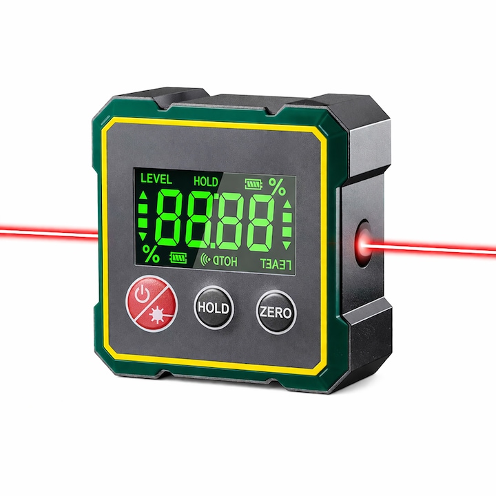 Nivela laser digitala, Garsonal, aspiratie magnetica, citire de inalta precizie la 360°, decoratiuni ingineresti, aliaj de aluminiu, Verde