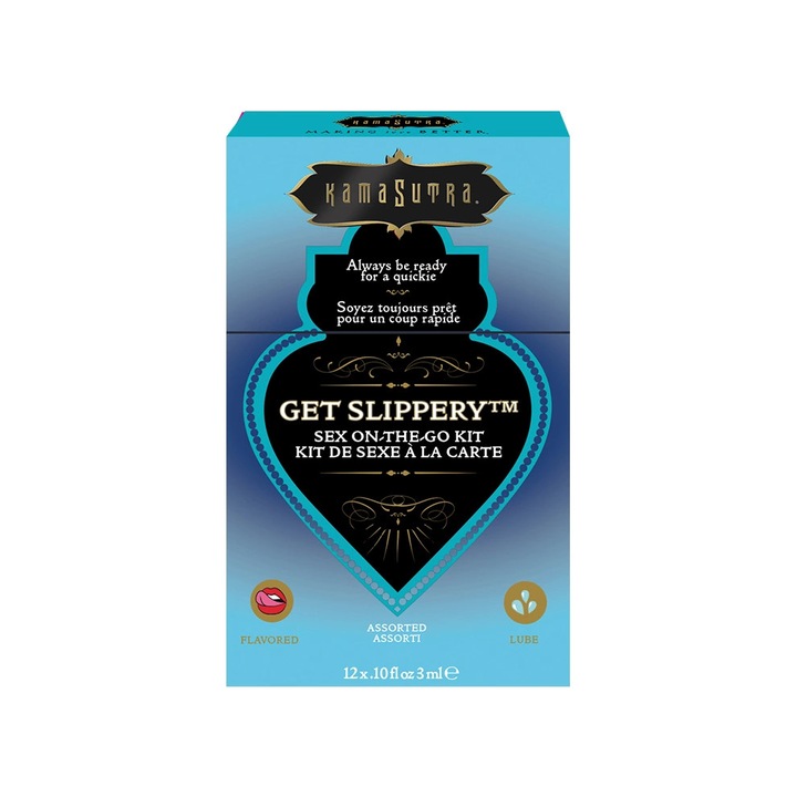 Kama Sutra Get Slippery szett, 12x3ml, vízbázisú gélek, 2 típus, kompakt