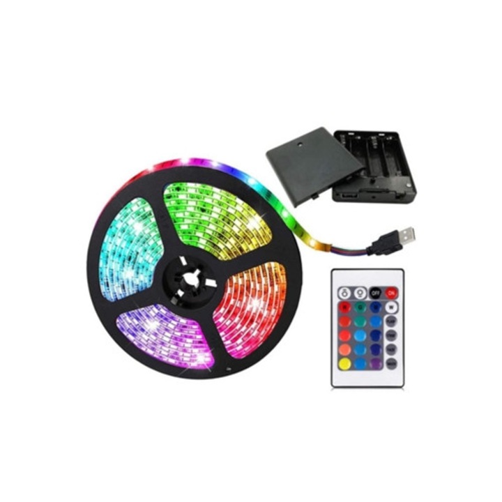 Banda LED flexibila 5050 RGB, cu control de 24 de taste, alimentare cu baterii, multicolor