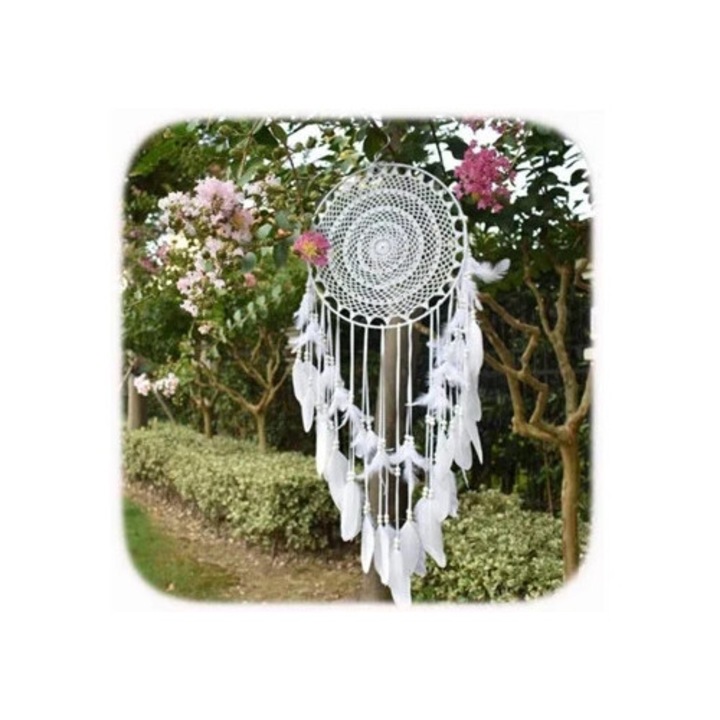 Decoratiune perete macrame, captator de vise, pene albe, 35cm, 110cm