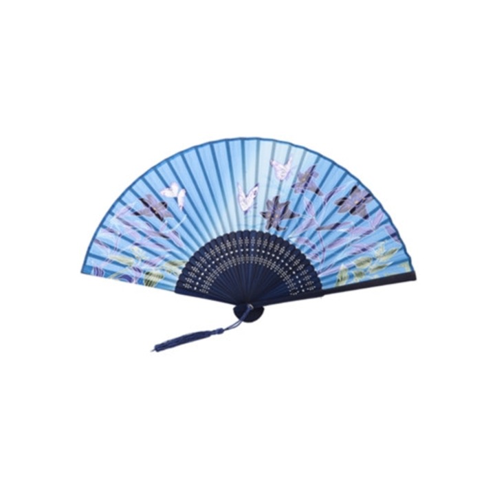 Evantai japonez vintage pliabil cu fluturi handmade, albastru