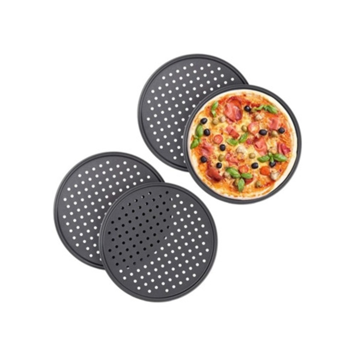 4 db-os pizzatálca készlet, kerek, perforált, tapadásmentes, 32 cm, antracit