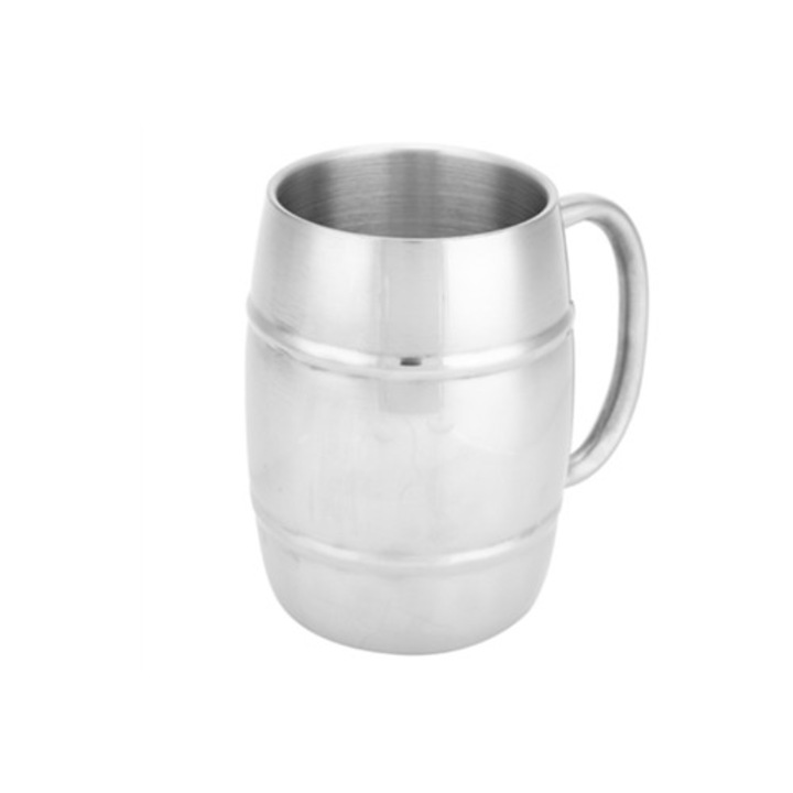 Cana din inox cu perete dublu, 420 ml, pentru cafea, bere sau ceai, cu maner