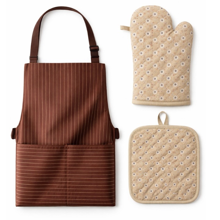 Set bucatarie 3 piese – Sort reglabil 60x80 cm + Manusa termorezistenta 26x16 cm + Suport oala 18x17 cm - Maro