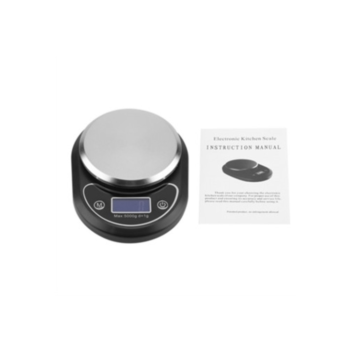 Többfunkciós konyhai mérleg rozsdamentes acélból, fekete LCD kijelző, 1g-5kg