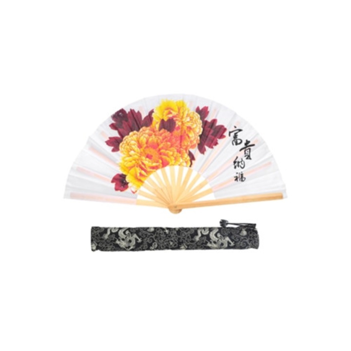 Evantai pliabil din bambus natural cu floare de bujor pentru arte martiale, kung fu si taiji
