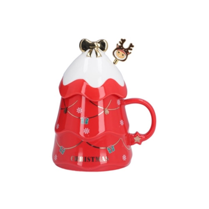 Cana ceramica cu capac si lingurita, 500ml, design Craciun, set pentru cafea, ceai, lapte