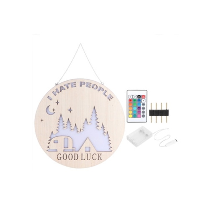 Veioza de perete din lemn rustic, LED RGBW decorativ, cu telecomanda