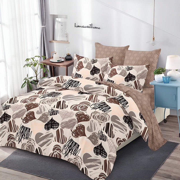 EmonaMall S18522 ágynemű, 6 részes, gumis, kétoldalas, bézs/barna