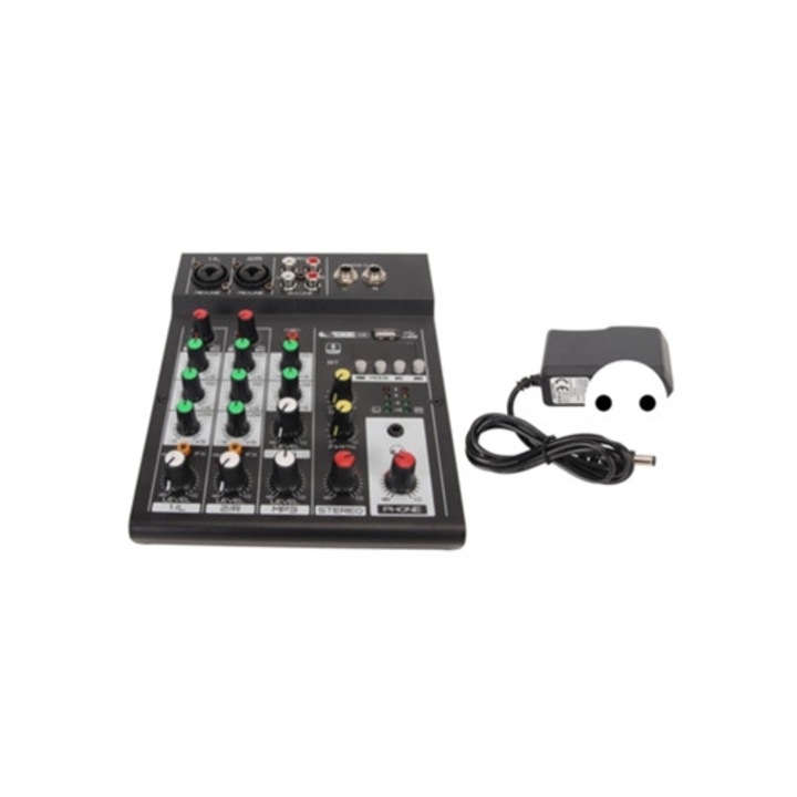 Mixer audio 4 canale, mini mixer pentru streaming live, karaoke si inregistrare, 100-240V