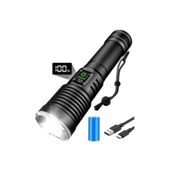 LED фенер 15000 лумена, LCD дисплей, 5000mAh, къмпинг, черен