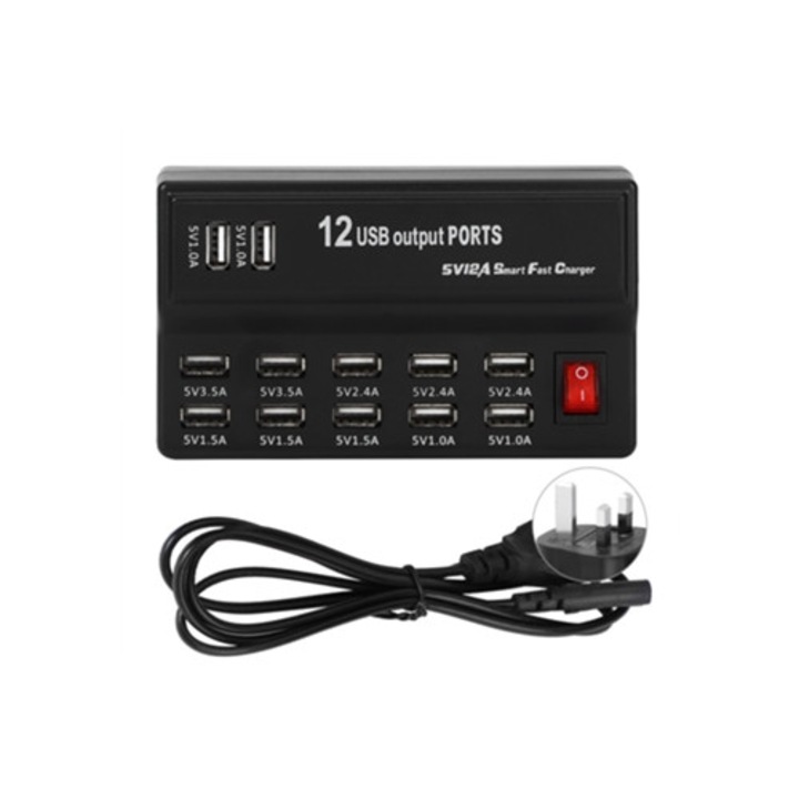 USB удължителен кабел с 12 порта, бързо зарядно устройство за мобилен телефон и вентилатор, 100-240V, UK щепсел